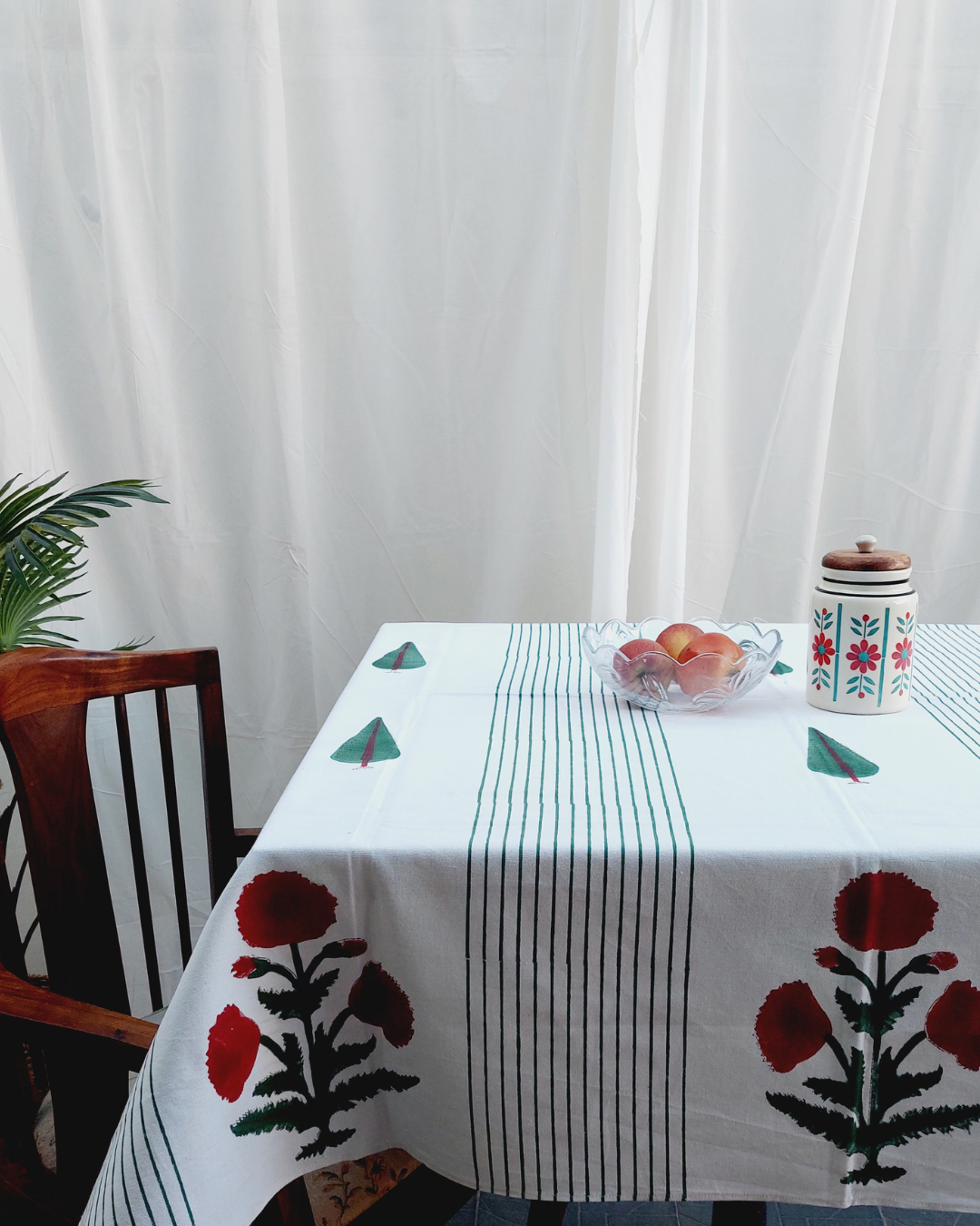 Drill Cotton Table Cover Red-Green Floral Block Print