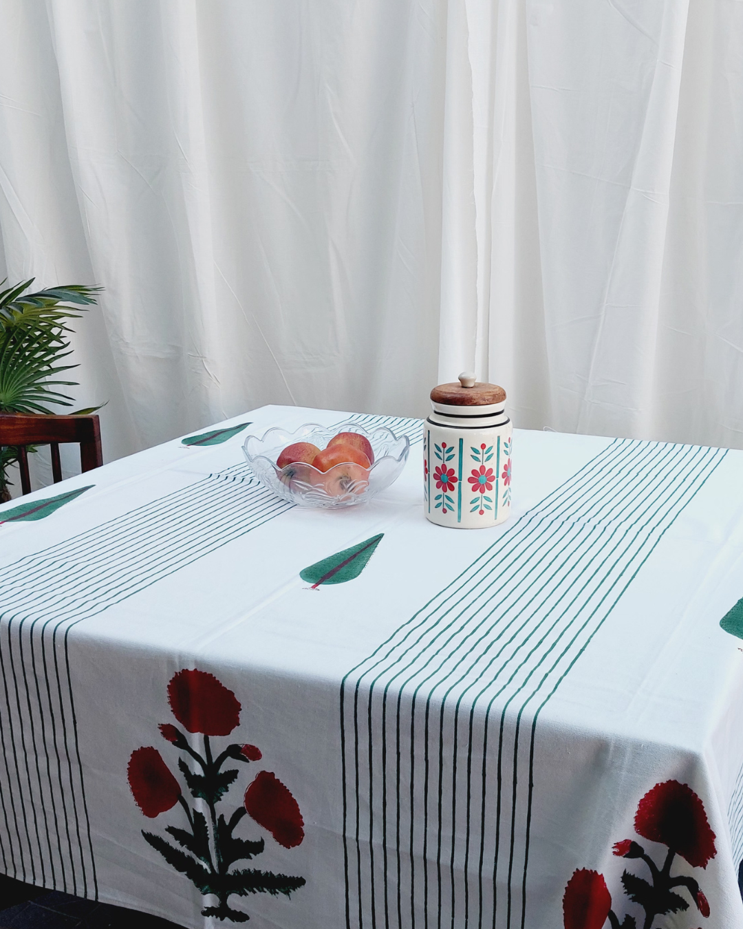 Drill Cotton Table Cover Red-Green Floral Block Print