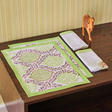 Canvas Table Mat and Napkin Green Pink Floral Ogee Block Print