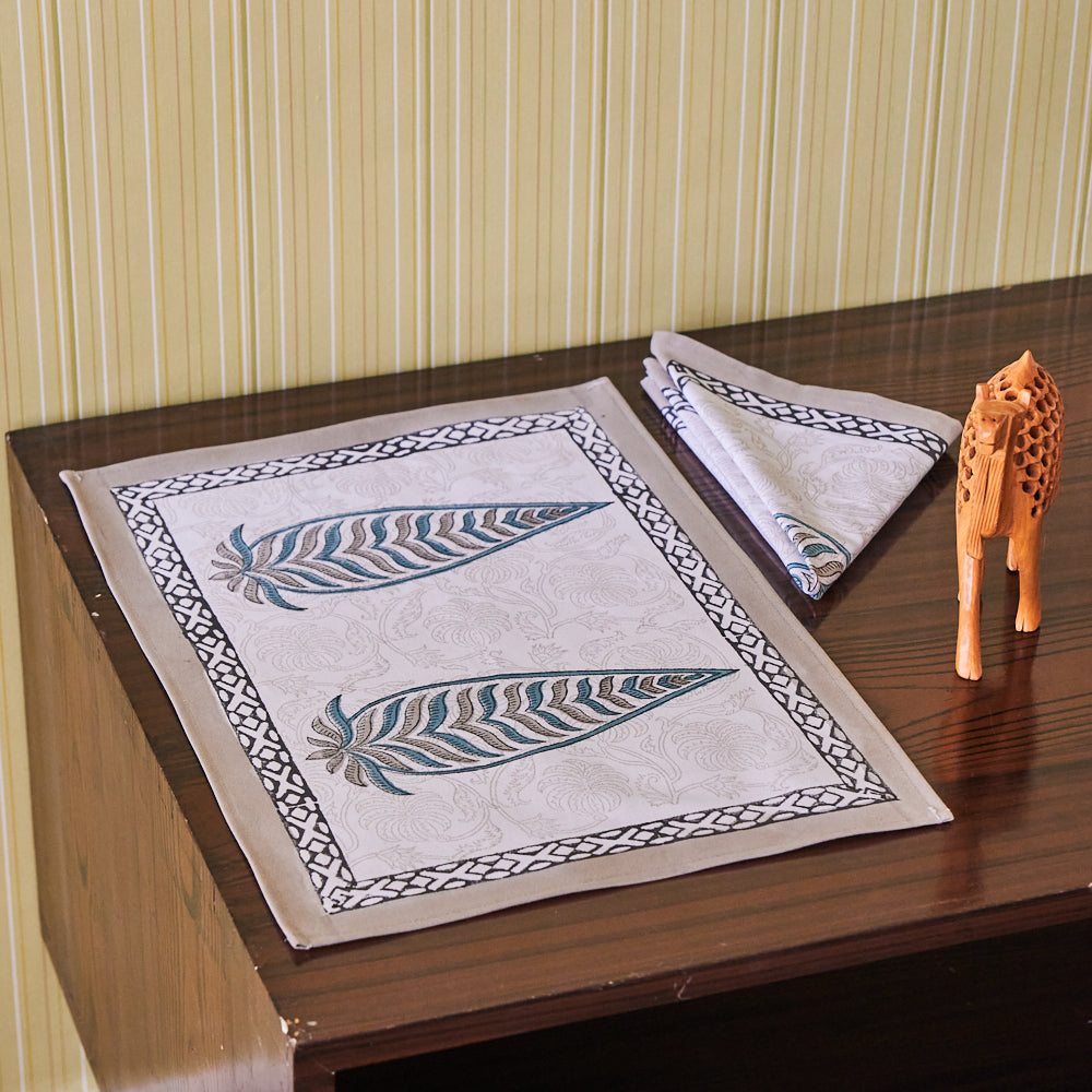 Canvas Table Mat and Napkin Fern Leaf Boota Block Print