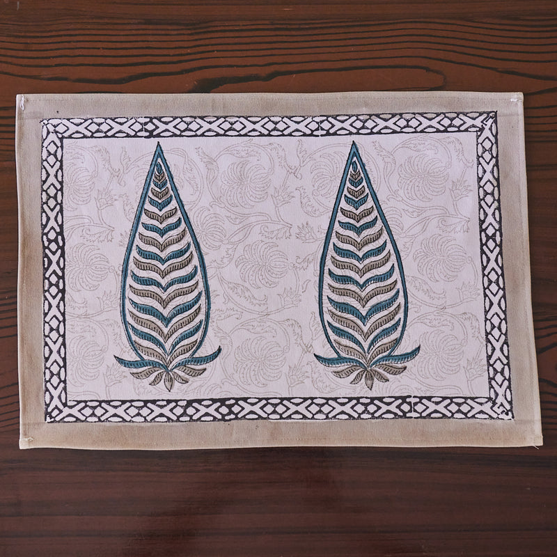 Canvas Table Mat and Napkin Fern Leaf Boota Block Print