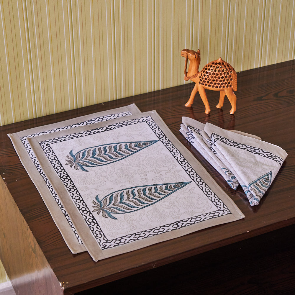 Canvas Table Mat and Napkin Fern Leaf Boota Block Print