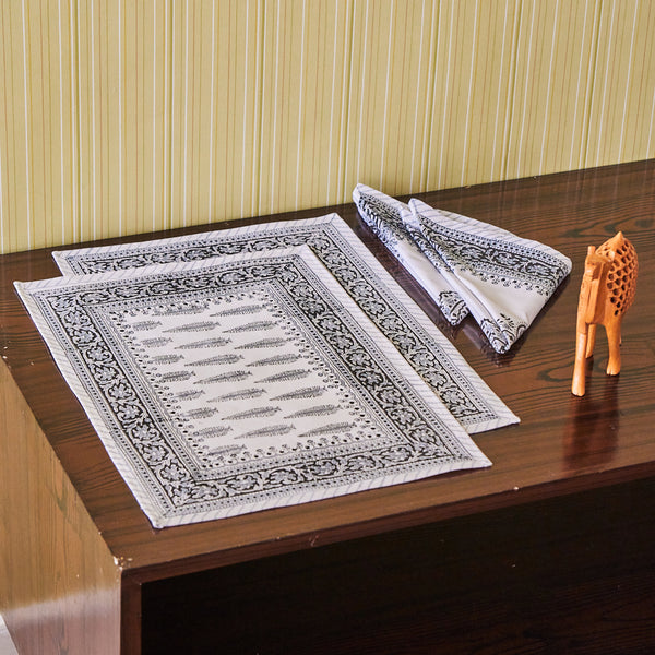 Canvas Table Mat and Napkin Pine Leaf Boota Block Print