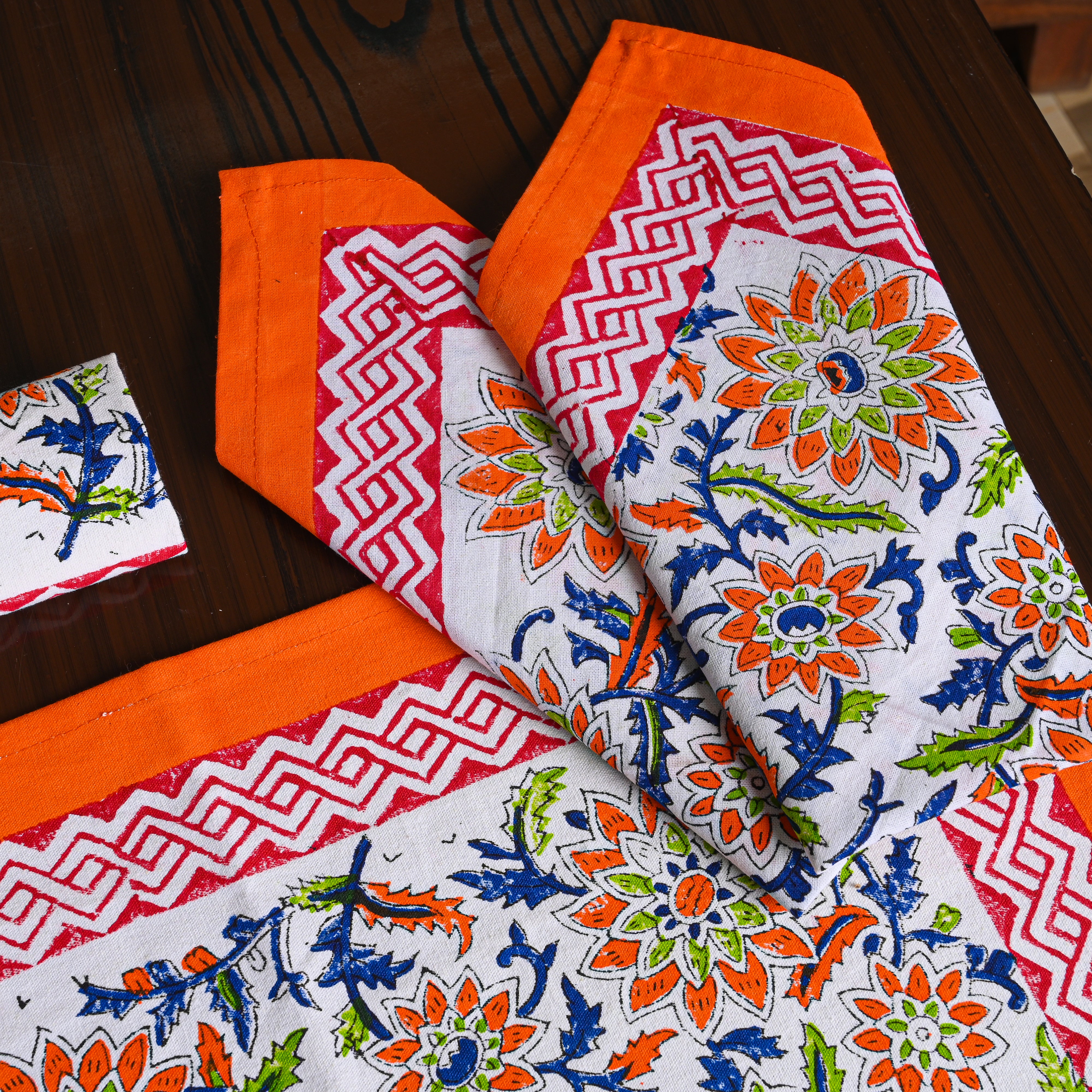 Canvas Table Mat And Napkin Dark Orange Block Print Set of Two