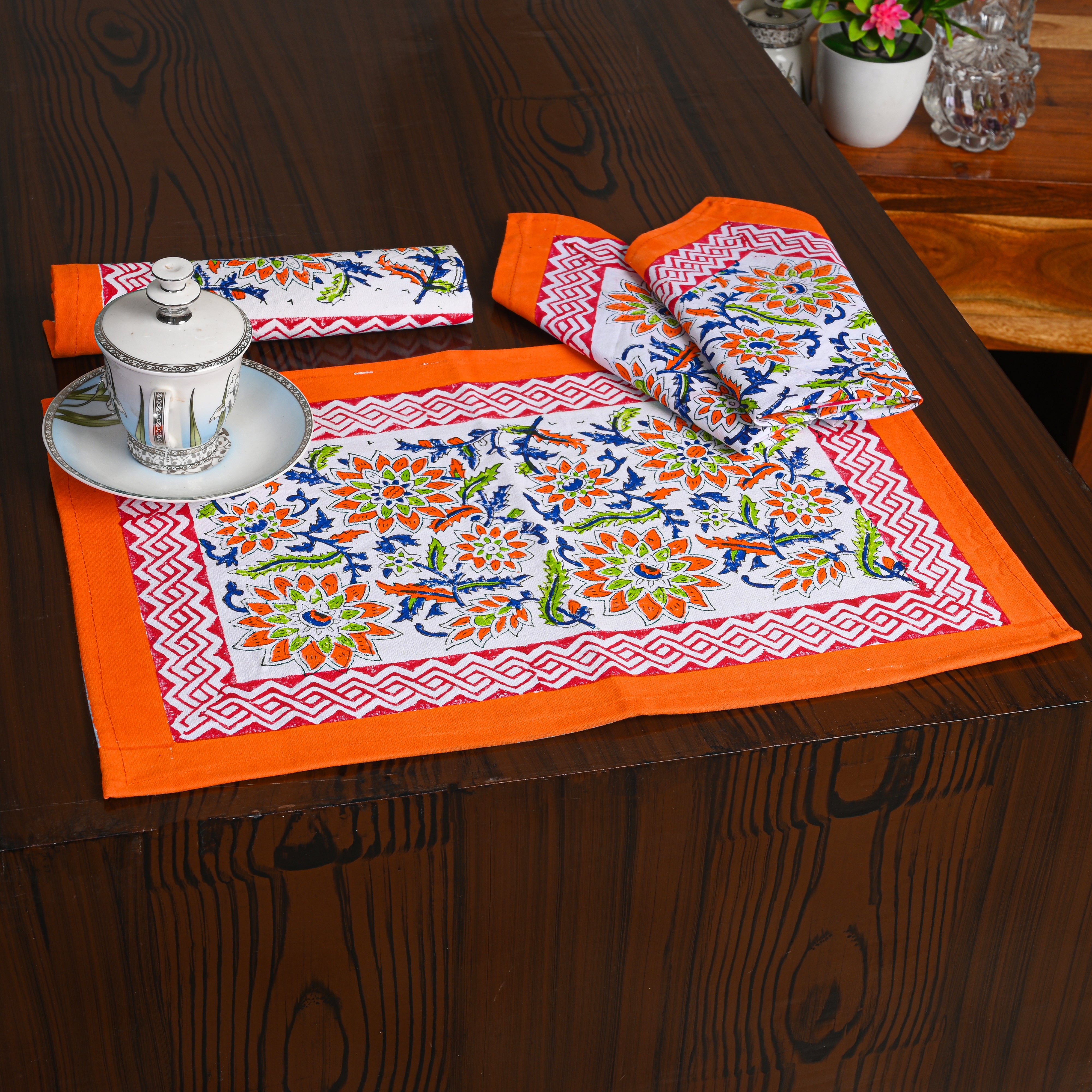 Canvas Table Mat And Napkin Dark Orange Block Print Set of Two