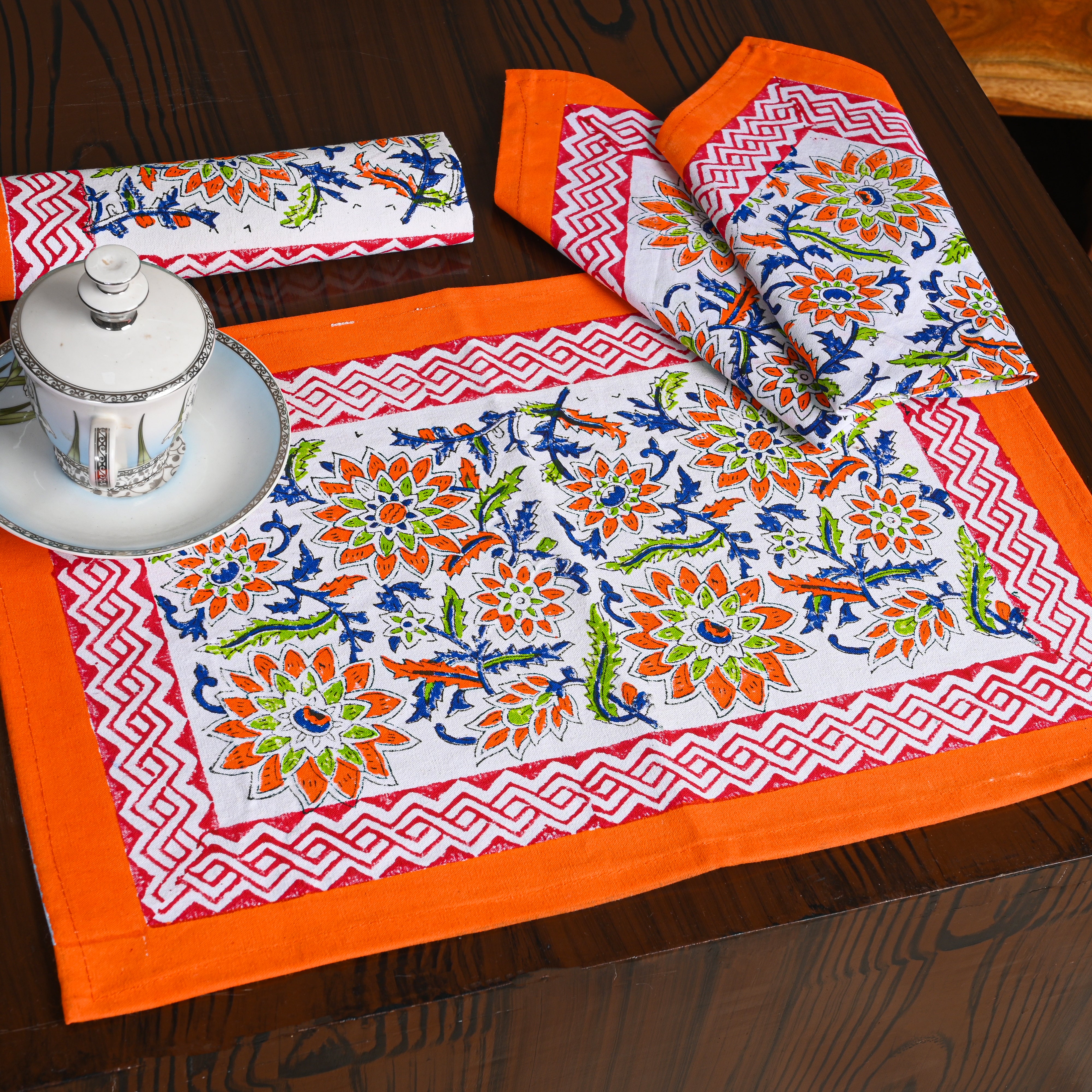 Canvas Table Mat And Napkin Dark Orange Block Print Set of Two