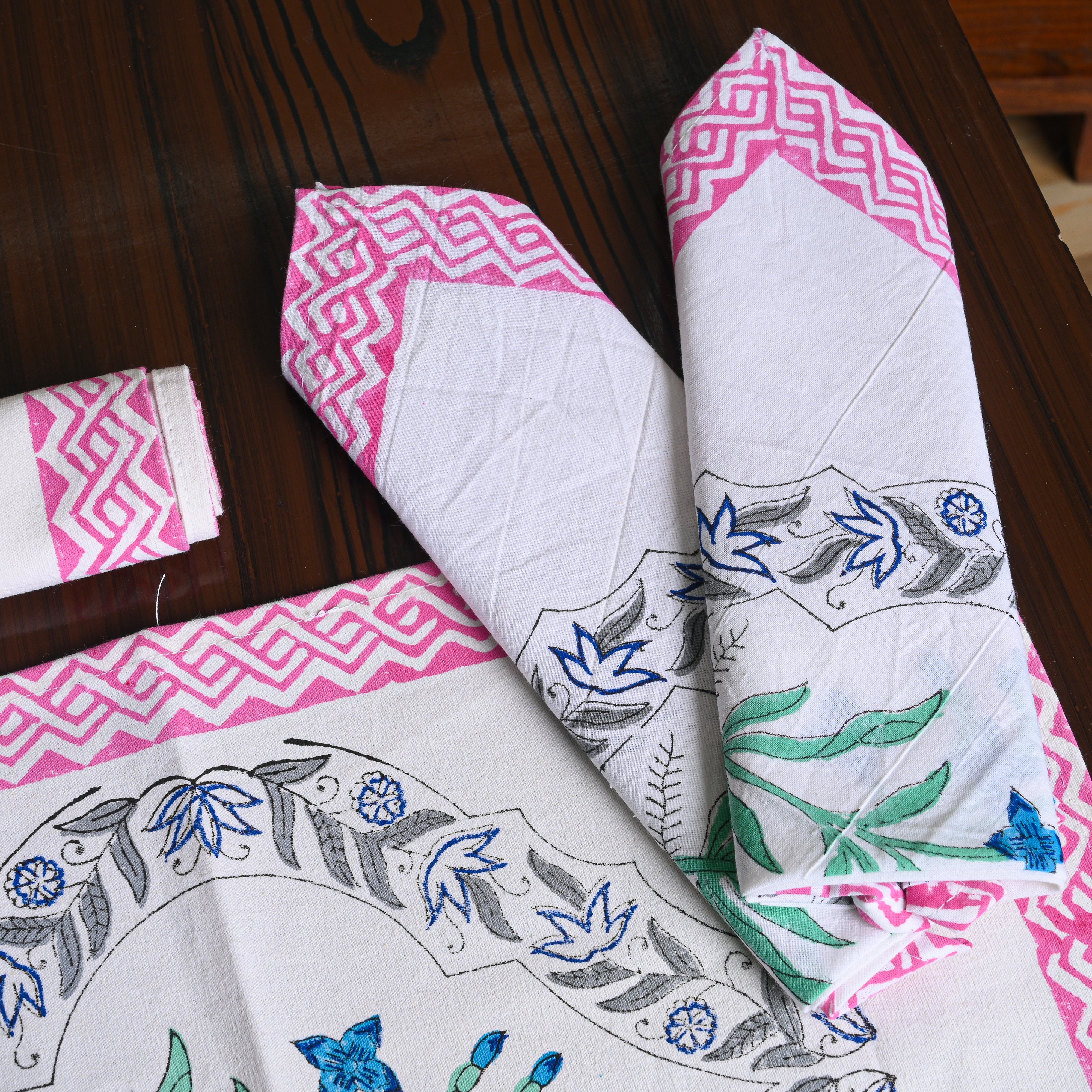 Canvas Table Mat And Napkin Grey-Pink Floral Block Print Set of Two