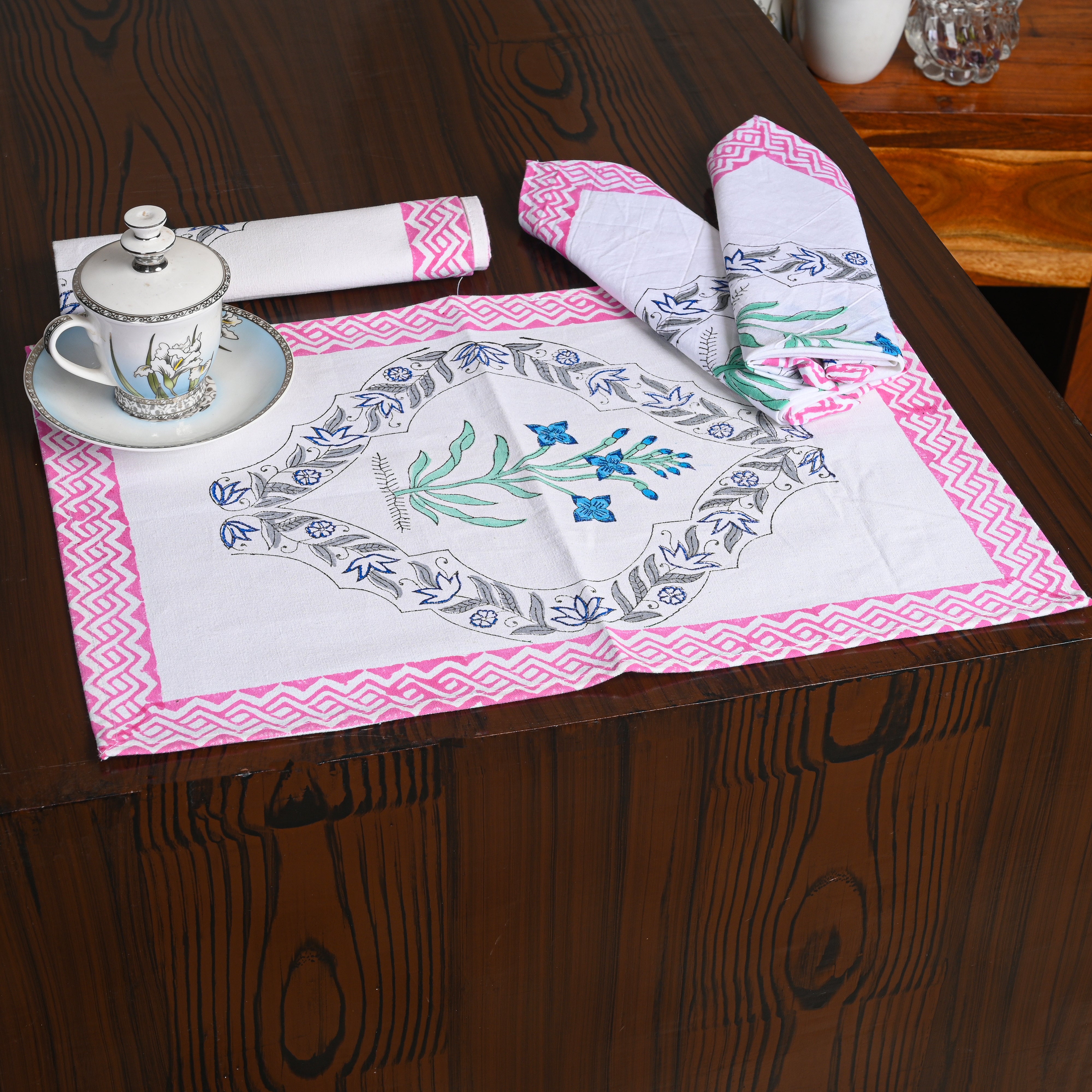 Canvas Table Mat And Napkin Grey-Pink Floral Block Print Set of Two