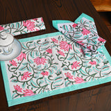 Canvas Table Mate And Napkin Green-Pink Floral Jaal Block Print
