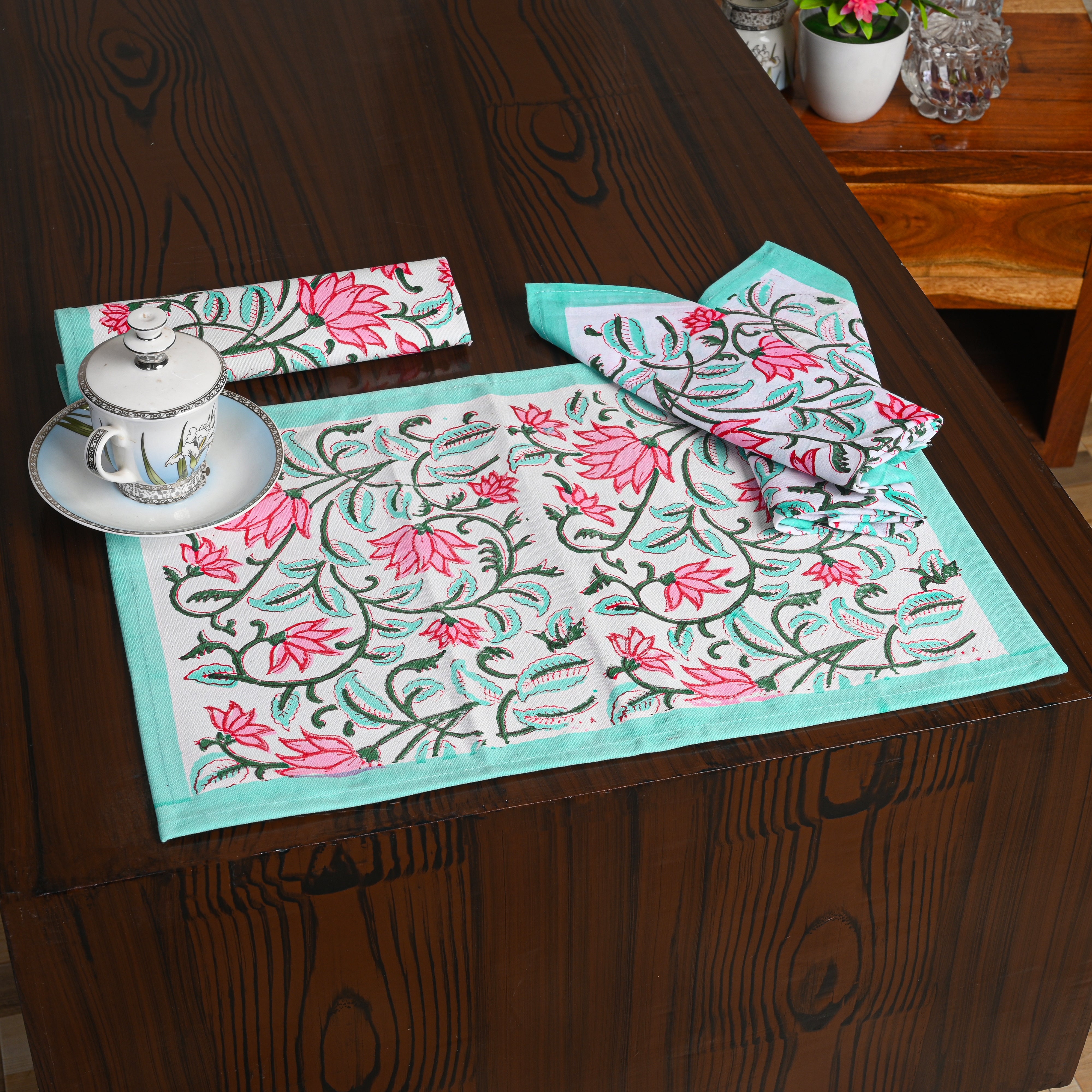 Canvas Table Mat And Napkin Green-Pink Floral Jaal Block Print Set of Two