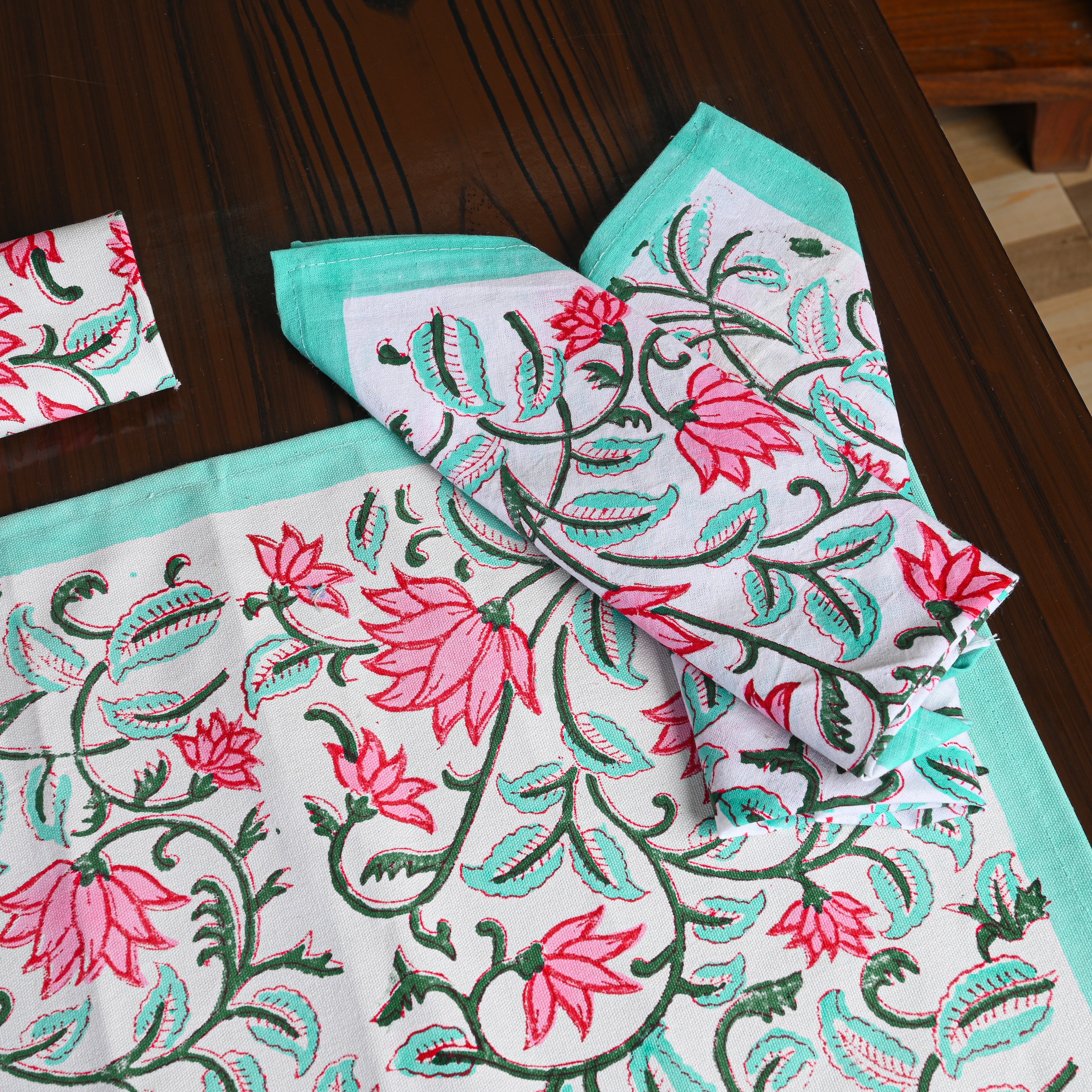 Canvas Table Mat And Napkin Green-Pink Floral Jaal Block Print Set of Two