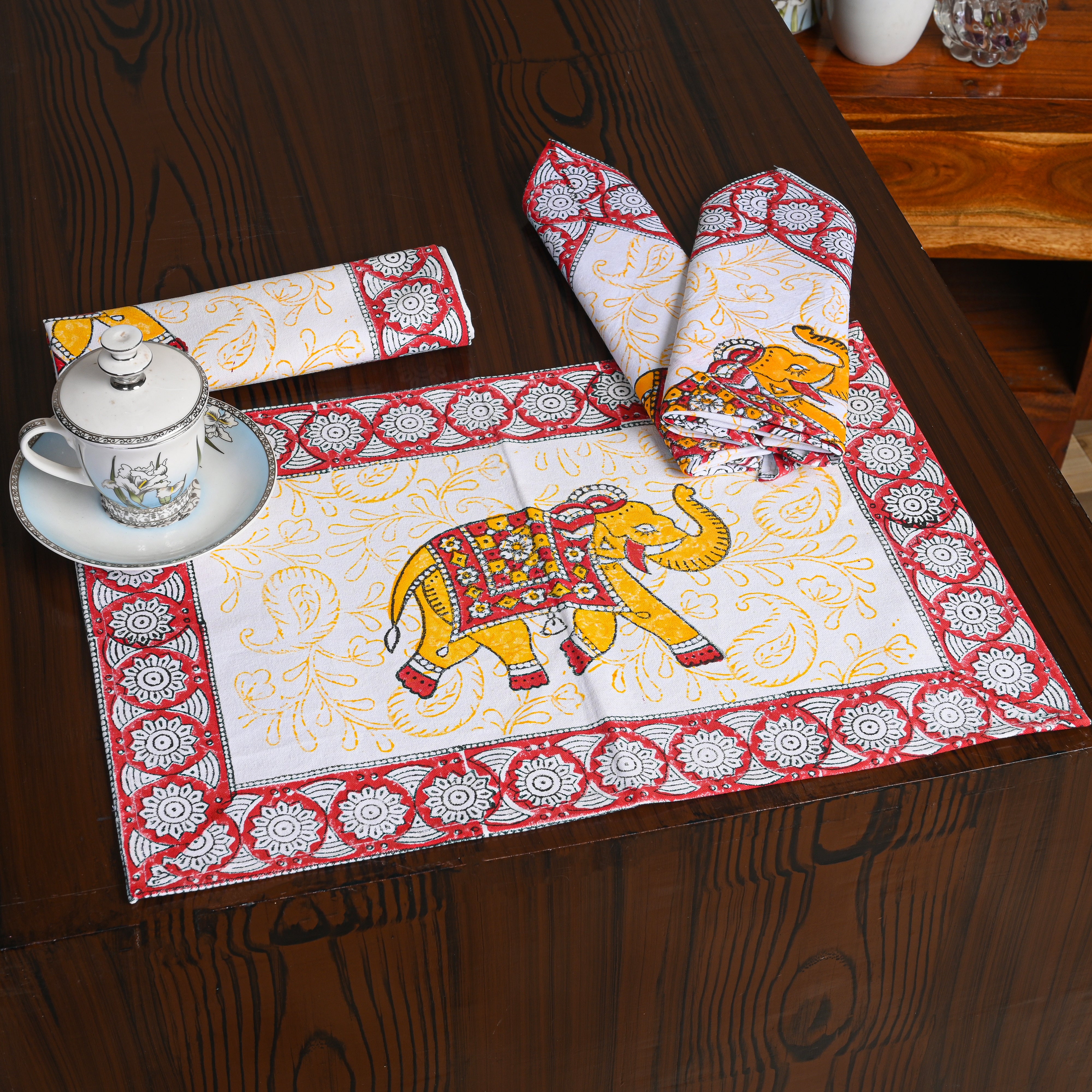 Canvas Table Mat And Napkin Mustard-Red Elephant Block Print Set of Two