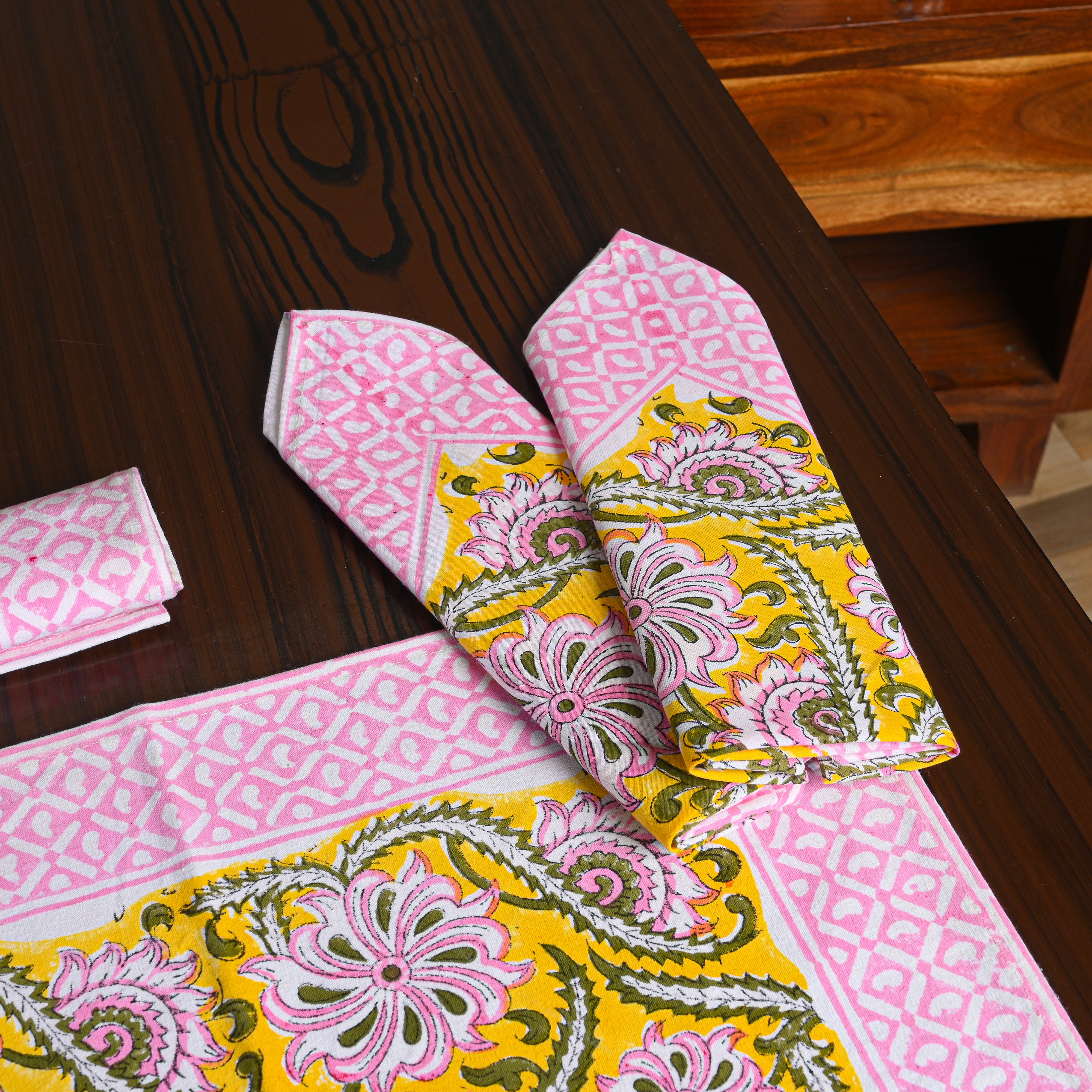 Canvas Table Mat And Napkin Pink-Mustard Floral Jaal Block Print Set of Two