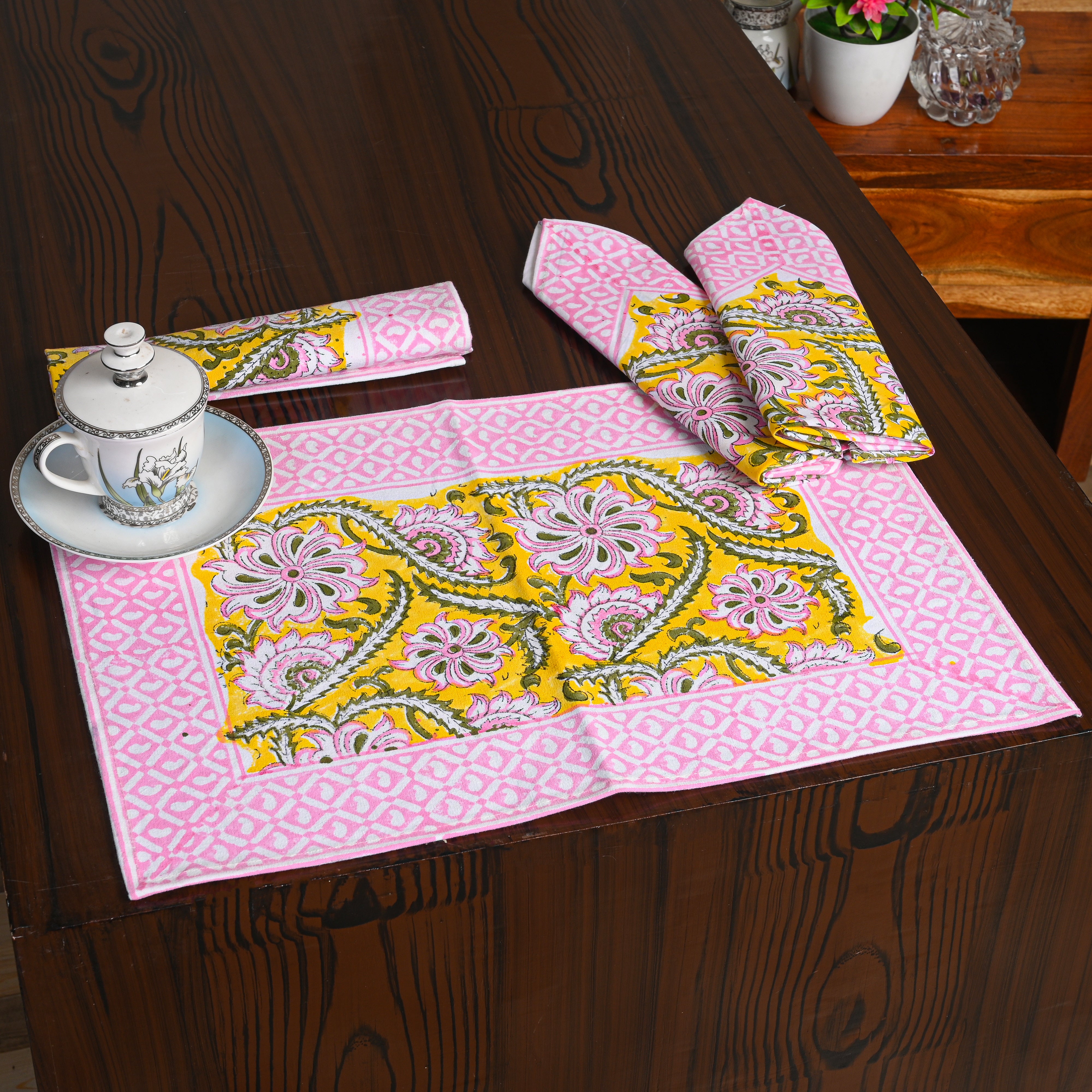 Canvas Table Mat And Napkin Pink-Mustard Floral Jaal Block Print Set of Two