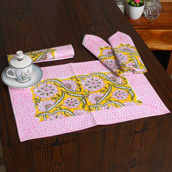 Canvas Table Mate And Napkin Pink-Musterd Floral Jaal Block Print