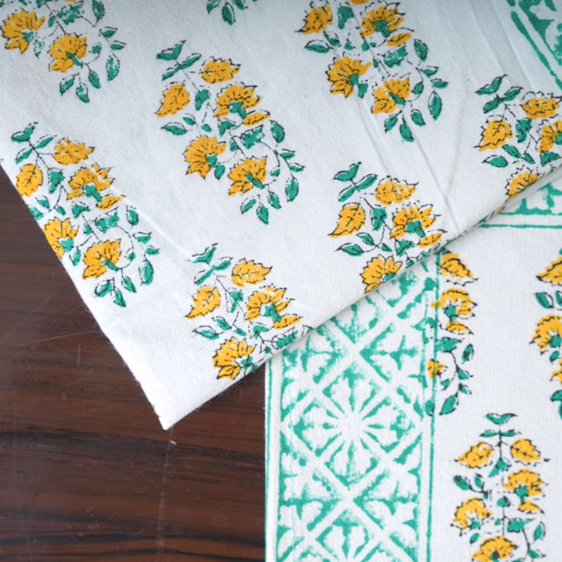 Canvas Table Mat And Napkin Lightgreen-Mustard Floral Block Print