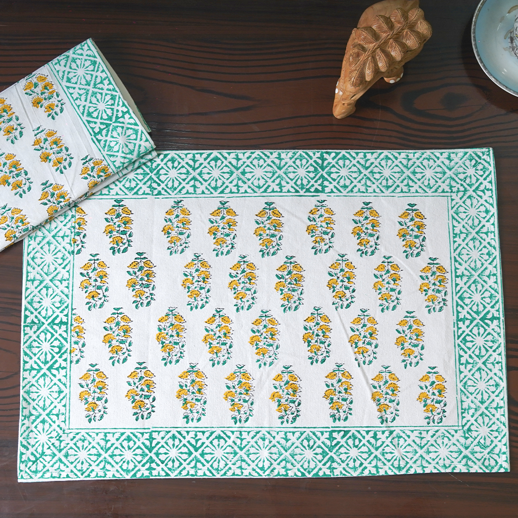Canvas Table Mat And Napkin Lightgreen-Mustard Floral Block Print Set of Two