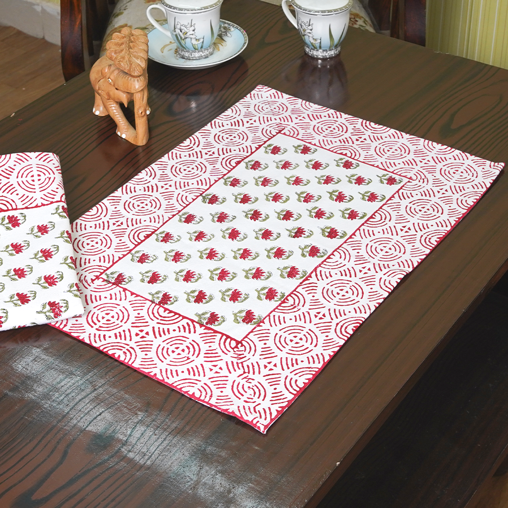 Canvas Table Mat And Napkin Red-Green Cherryblossom Floral Block Print Set of Two