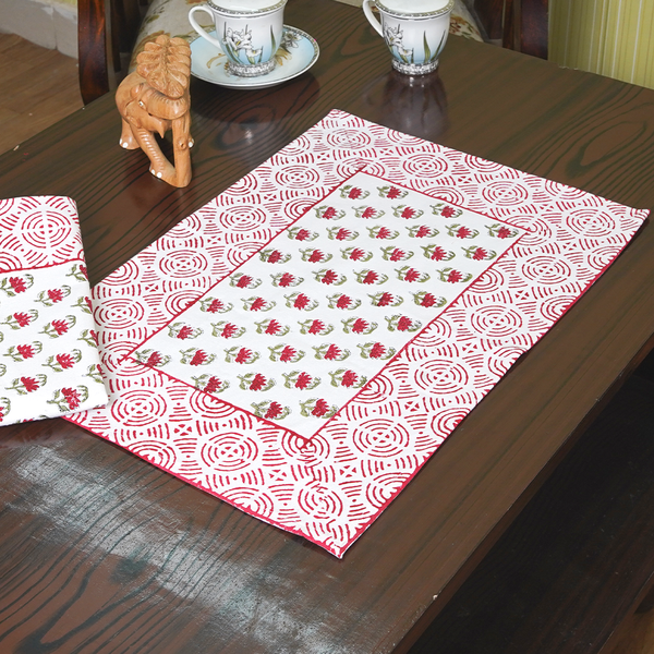 Canvas Table Mate And Napkin Red-Green Cherryblossom Floral Block Print