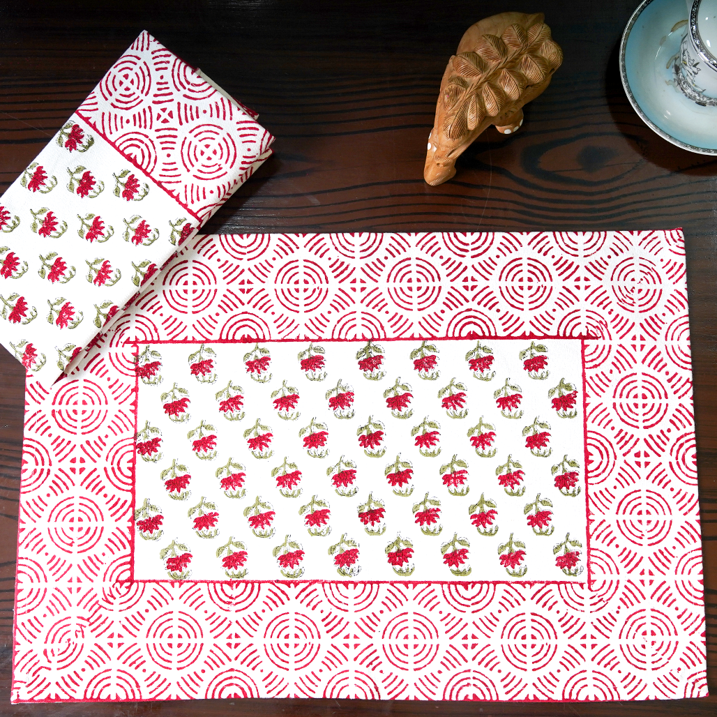 Canvas Table Mat And Napkin Red-Green Cherryblossom Floral Block Print Set of Two