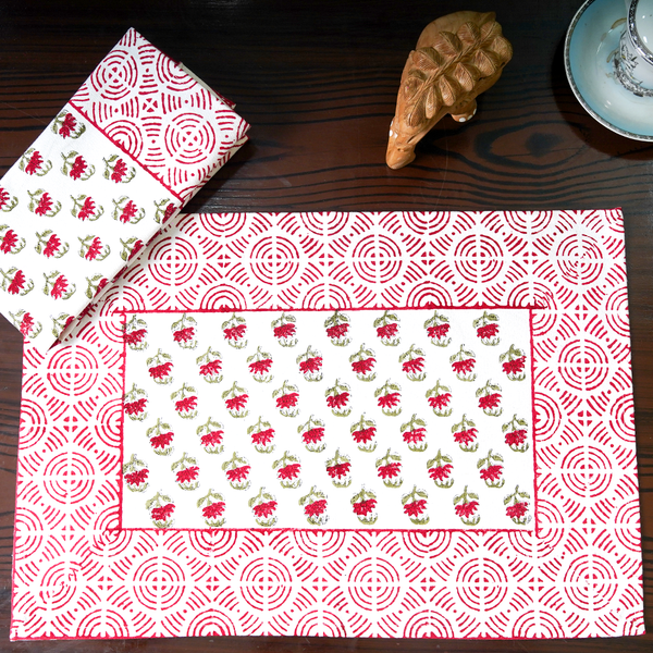 Canvas Table Mate And Napkin Red-Green Cherryblossom Floral Block Print