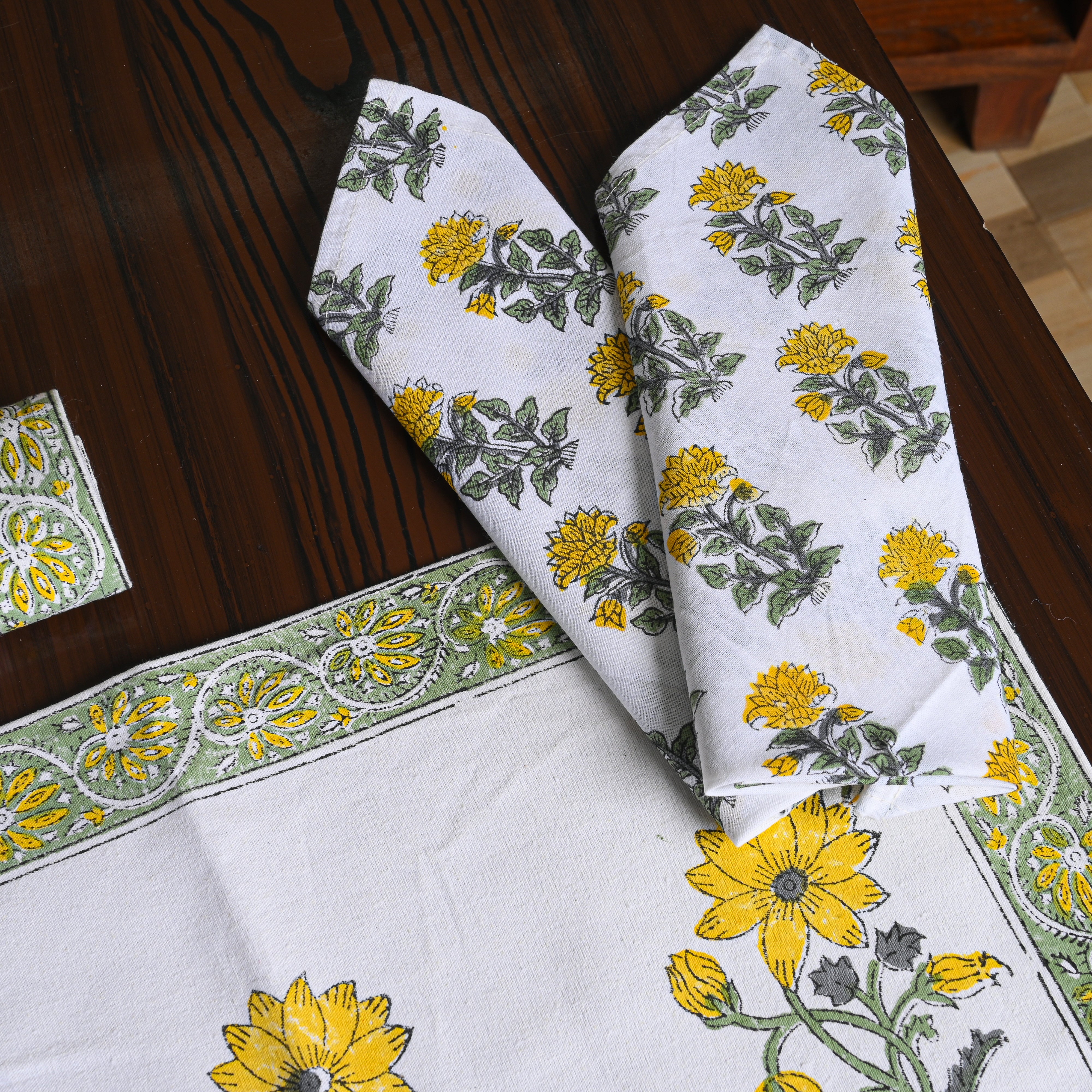 Canvas Table Mat And Napkin Mustard-Green Sunnyhop Block Print Set of Two