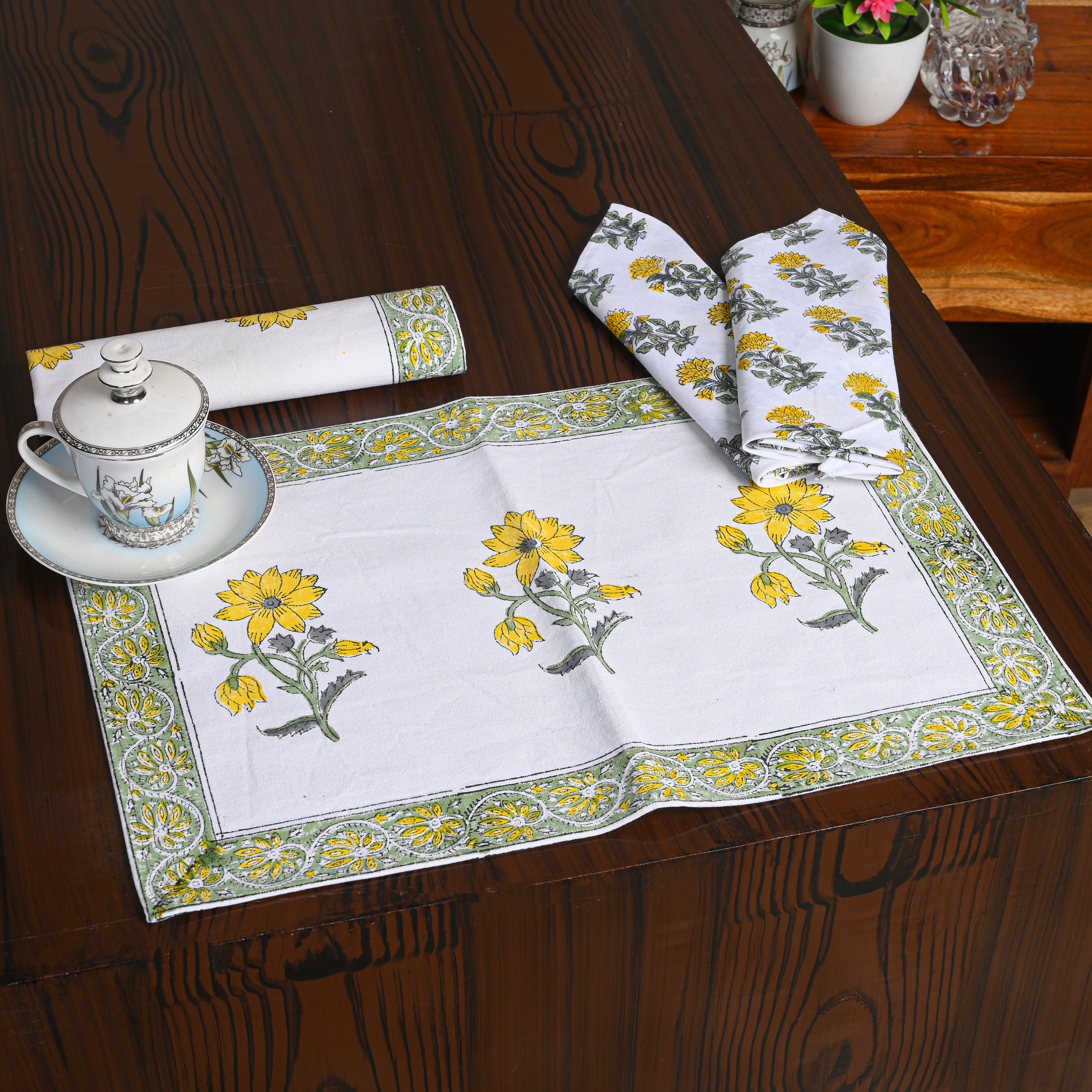 Canvas Table Mat And Napkin Mustard-Green Sunnyhop Block Print Set of Two