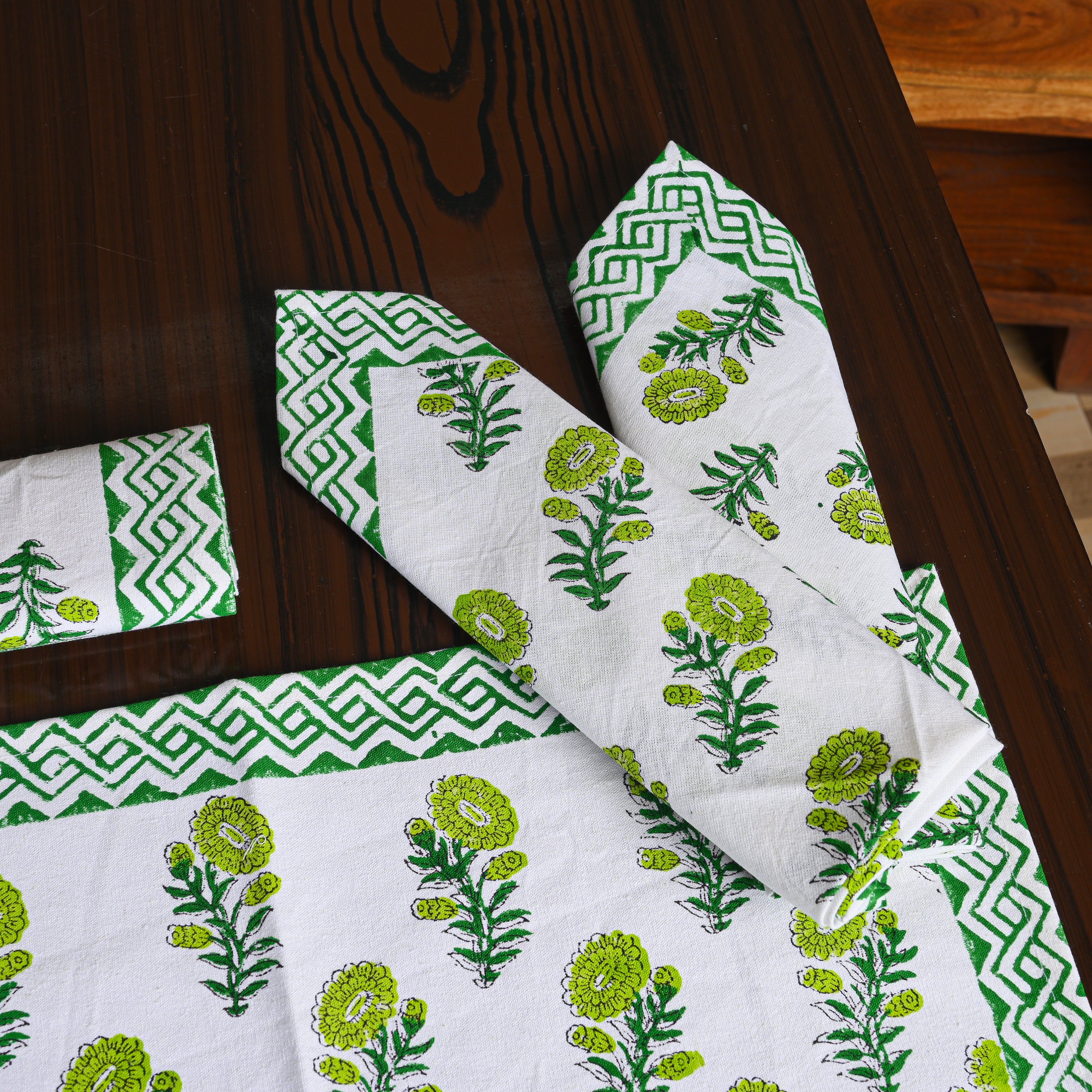 Canvas Table Mat And Napkin Green Amber Splash Block Print Set of Two