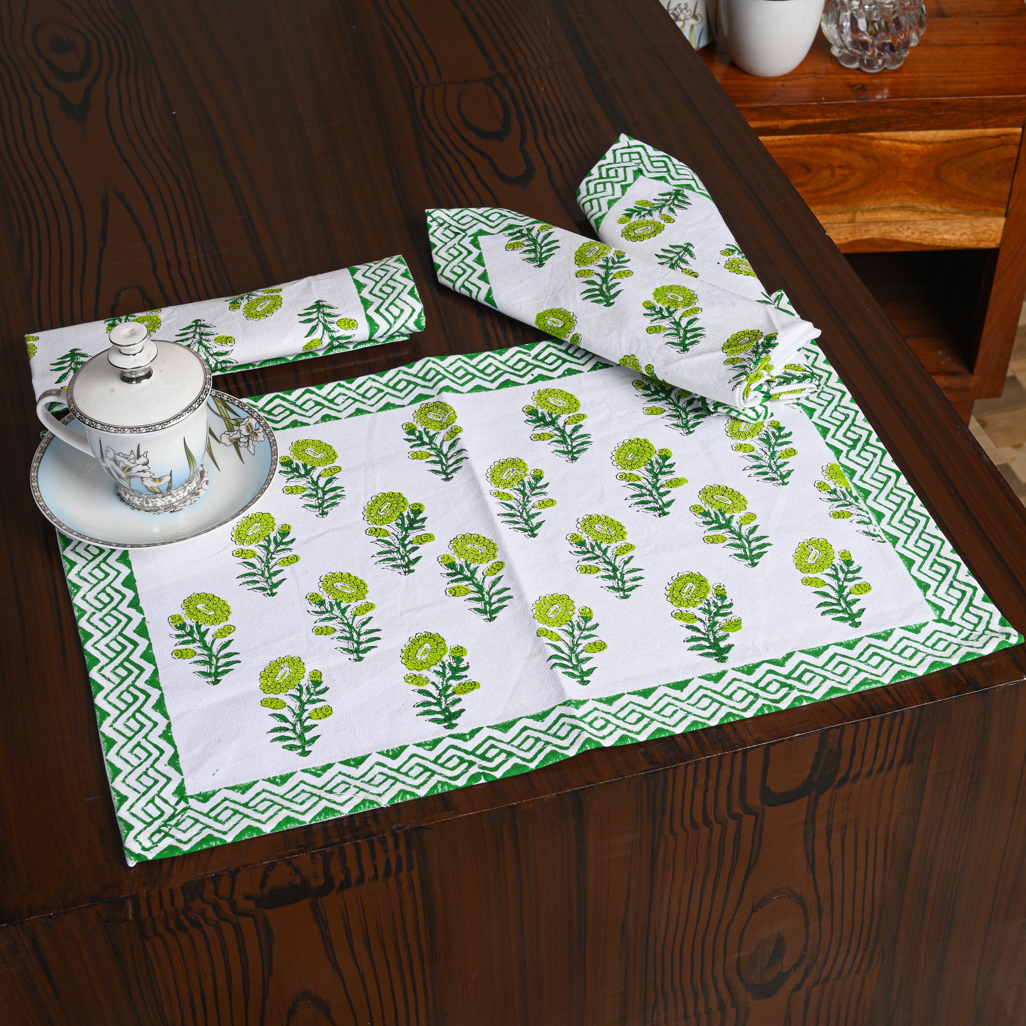 Canvas Table Mat And Napkin Green Amber Splash Block Print Set of Two