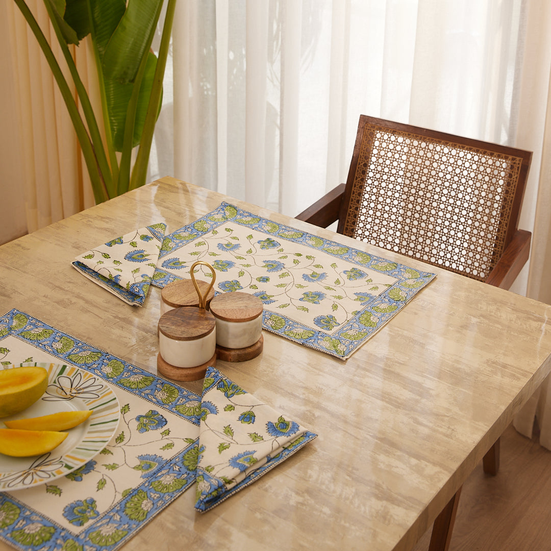 Canvas Table Mate And Napkin Floral Block Print Set of Two