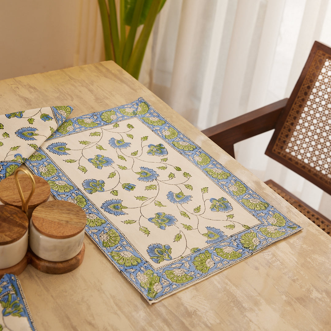 Canvas Table Mate And Napkin Floral Block Print Set of Two