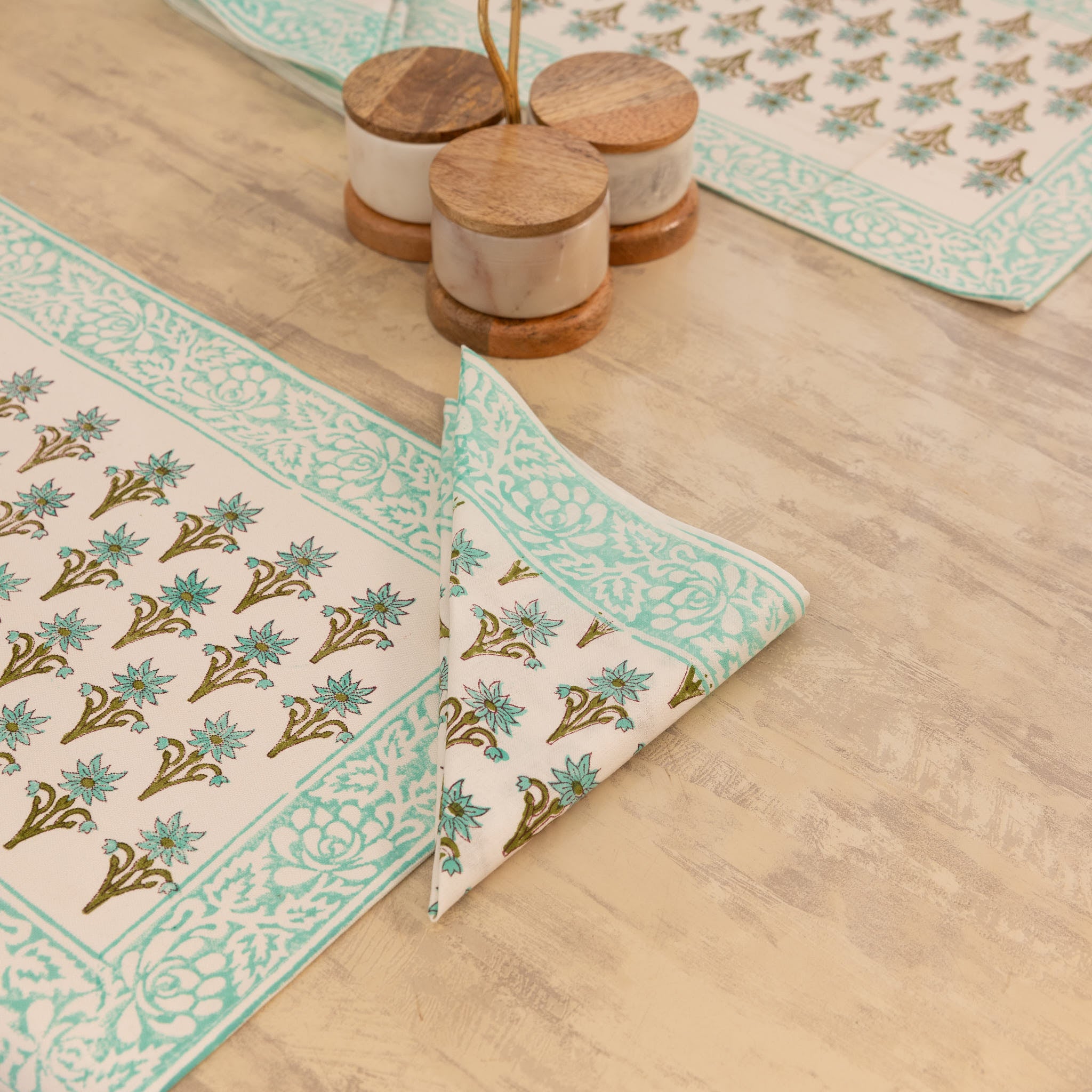 Canvas Table Mate And Napkin Light Green-Brown Floral Block Print