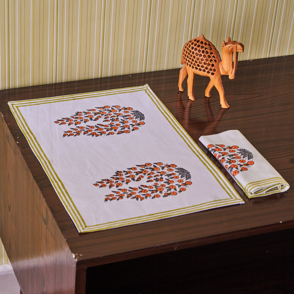 Canvas Table Mat and Napkin Set Orange Grey Floral Buta  Block Print Set of Two