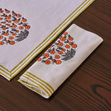 Canvas Table Mat and Napkin Set Orange Grey Floral Buta  Block Print