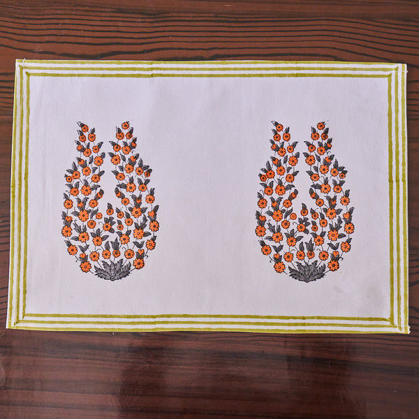 Canvas Table Mat Grey Orange Floral Booti Block Print
