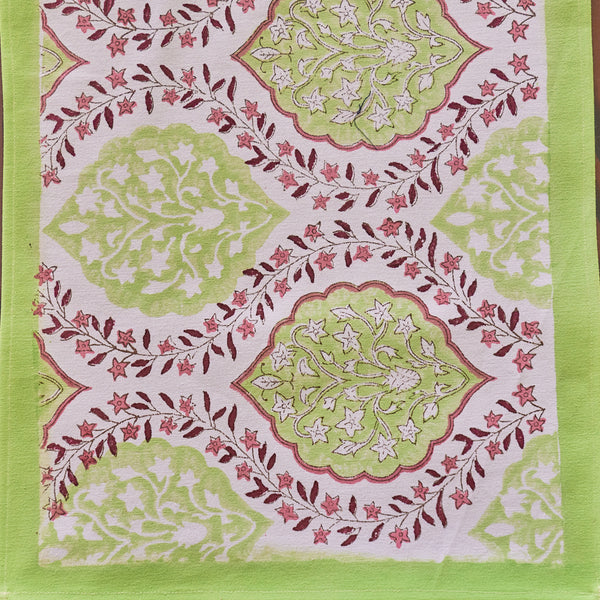 Canvas Table Runner Green Pink Floral Ogee Tree Block Print
