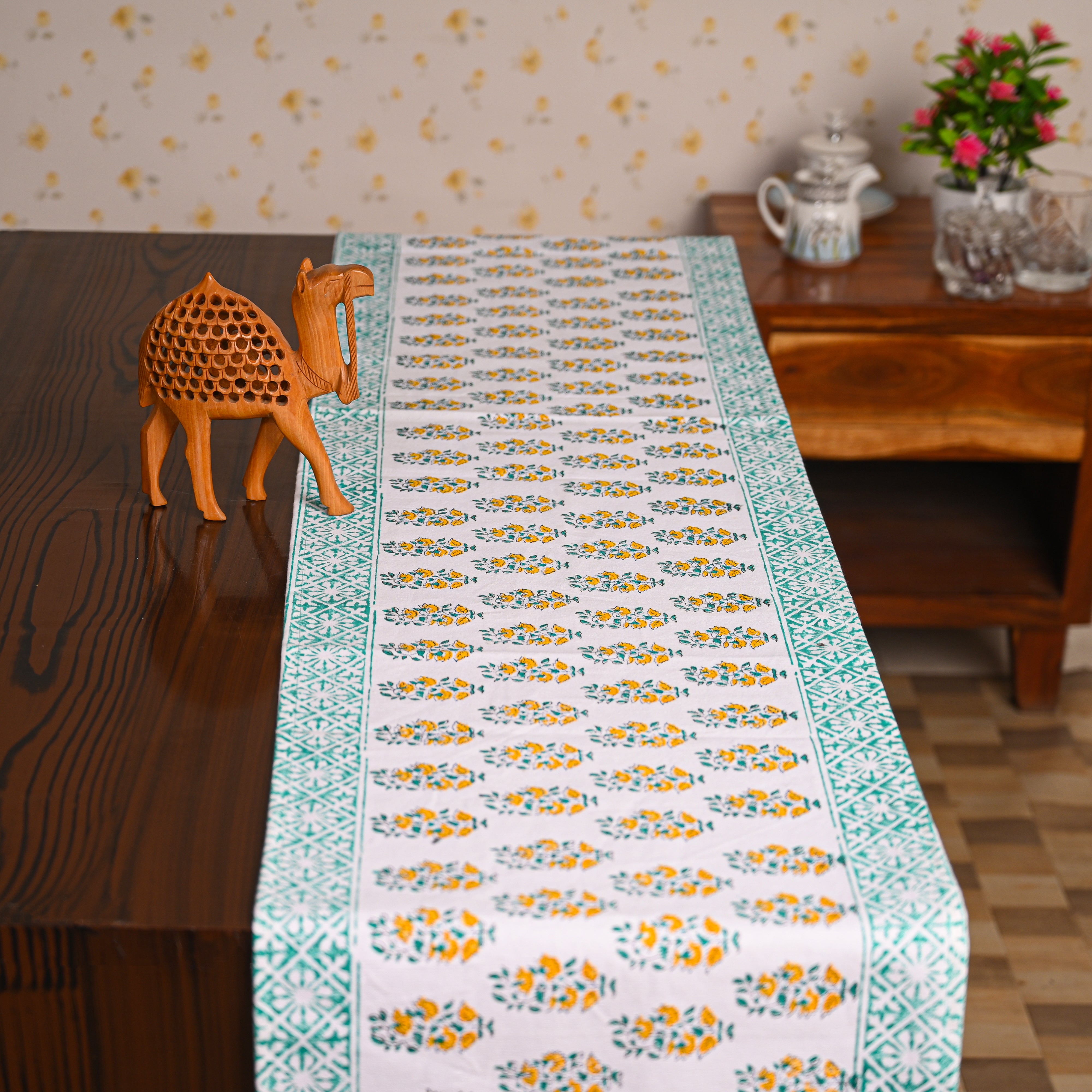 Canvas Table Runner Green Gerbera Floral Block Print