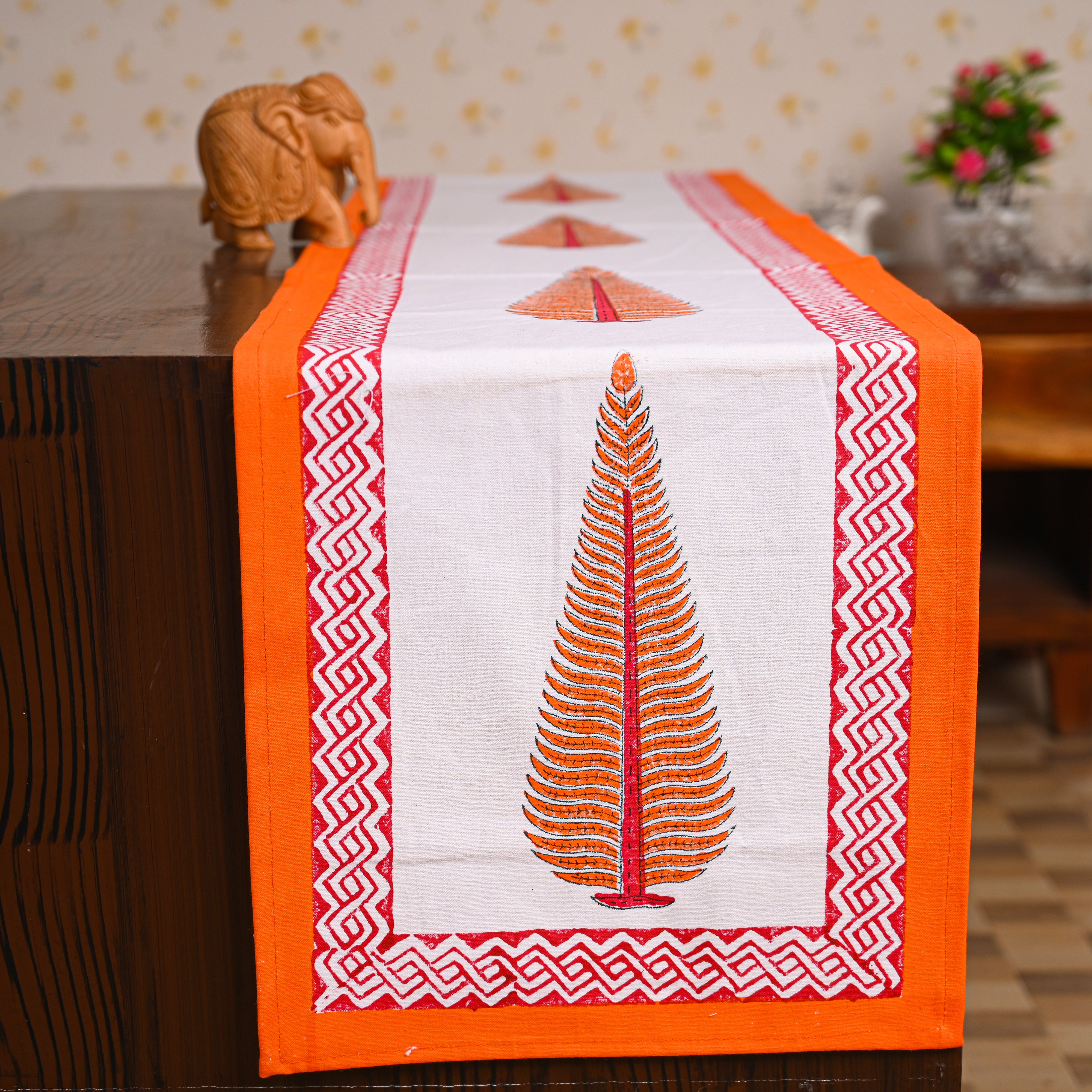 Canvas Table Runner Red Jade Pine Block Print