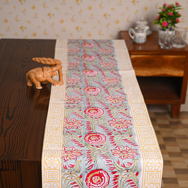 Canvas Table Runner Red Light Blue Floral Jaal Block Print