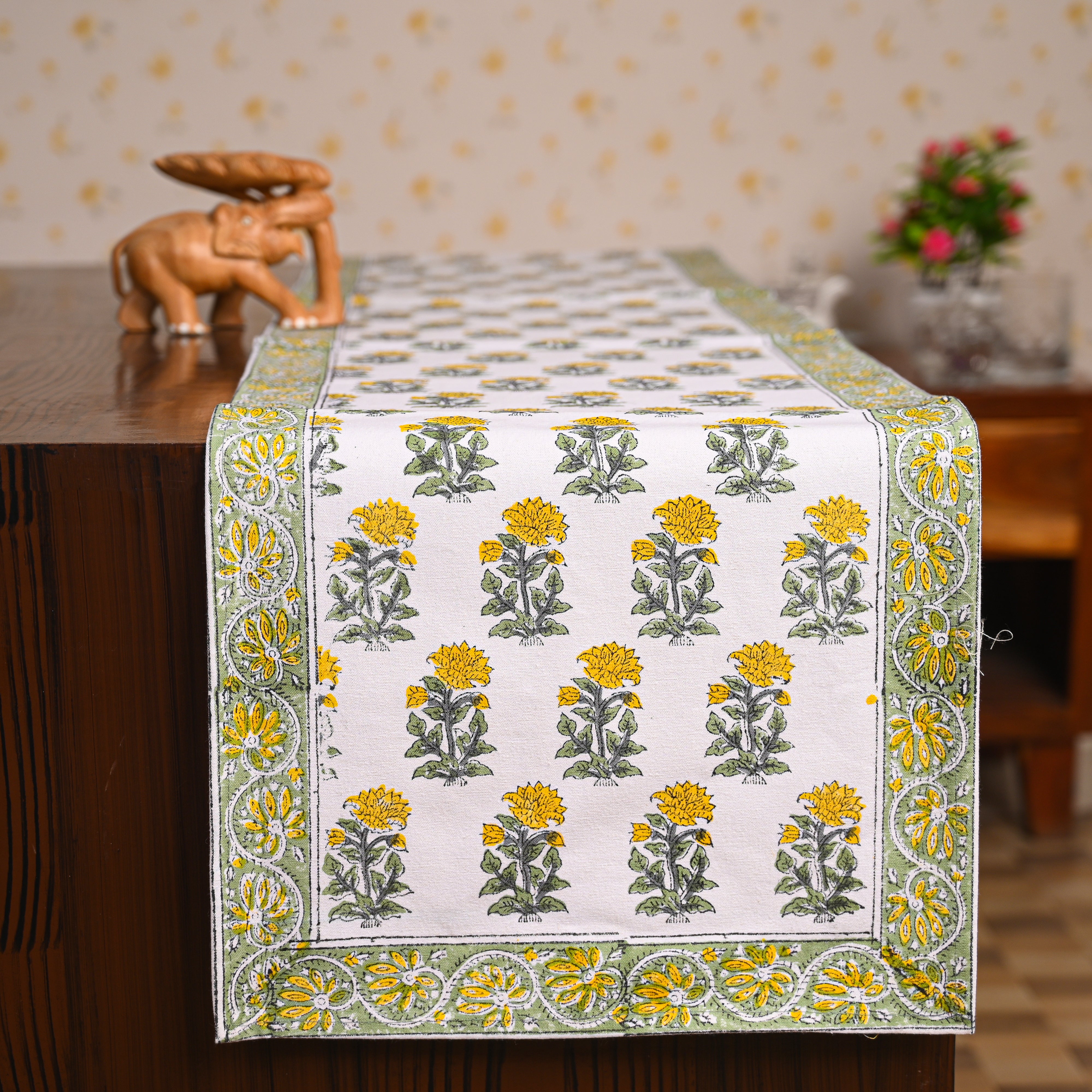 Canvas Table Runner Masterd Green Floral Jaal Block Print