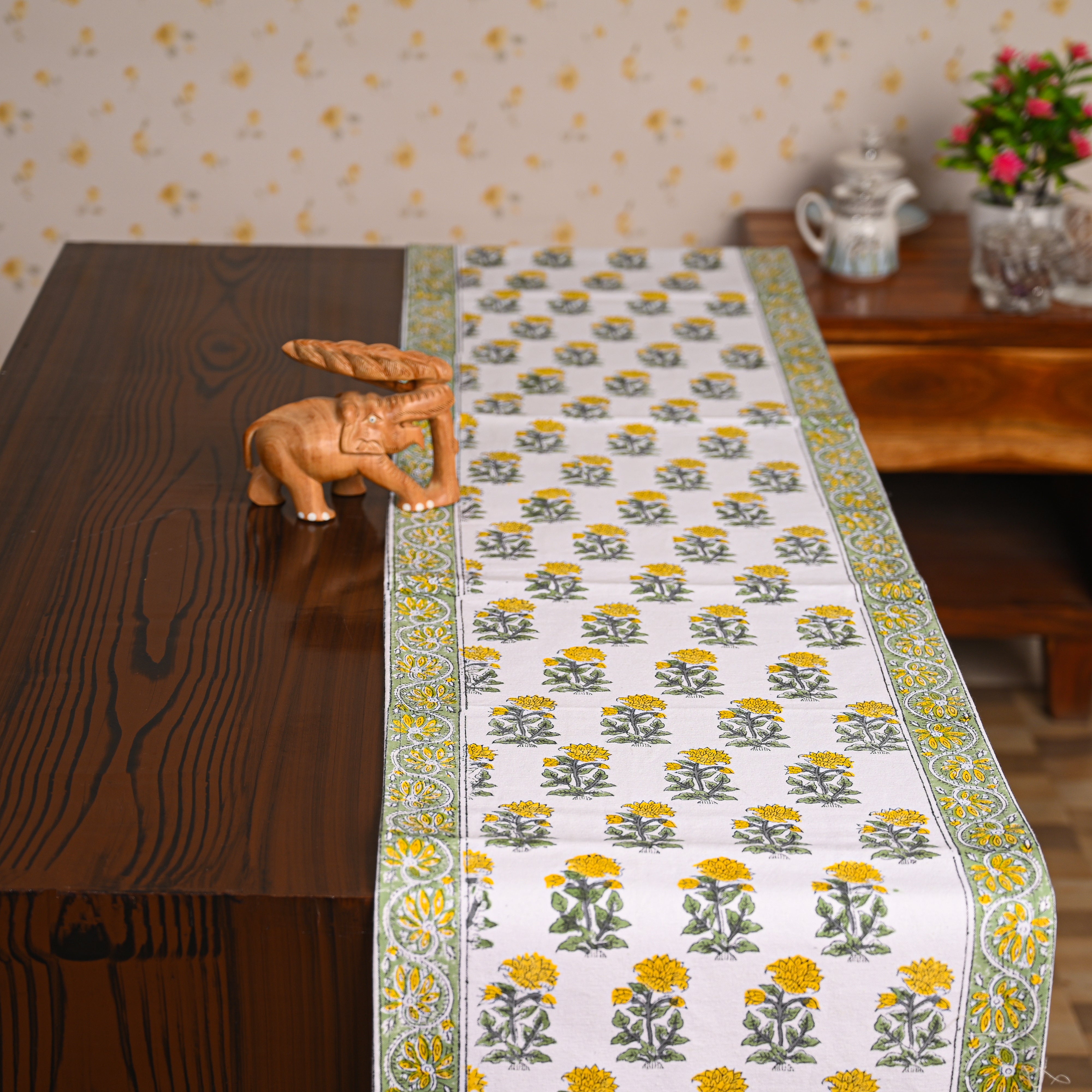 Canvas Table Runner Masterd Green Floral Jaal Block Print