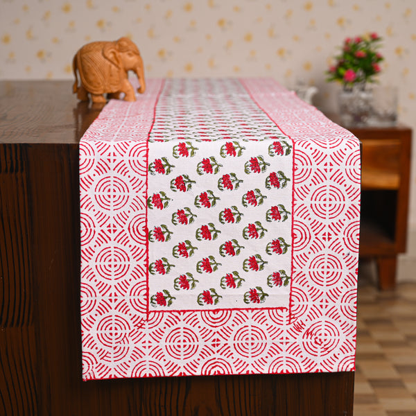Canvas Table Runner Red Celosia Floral Block Print