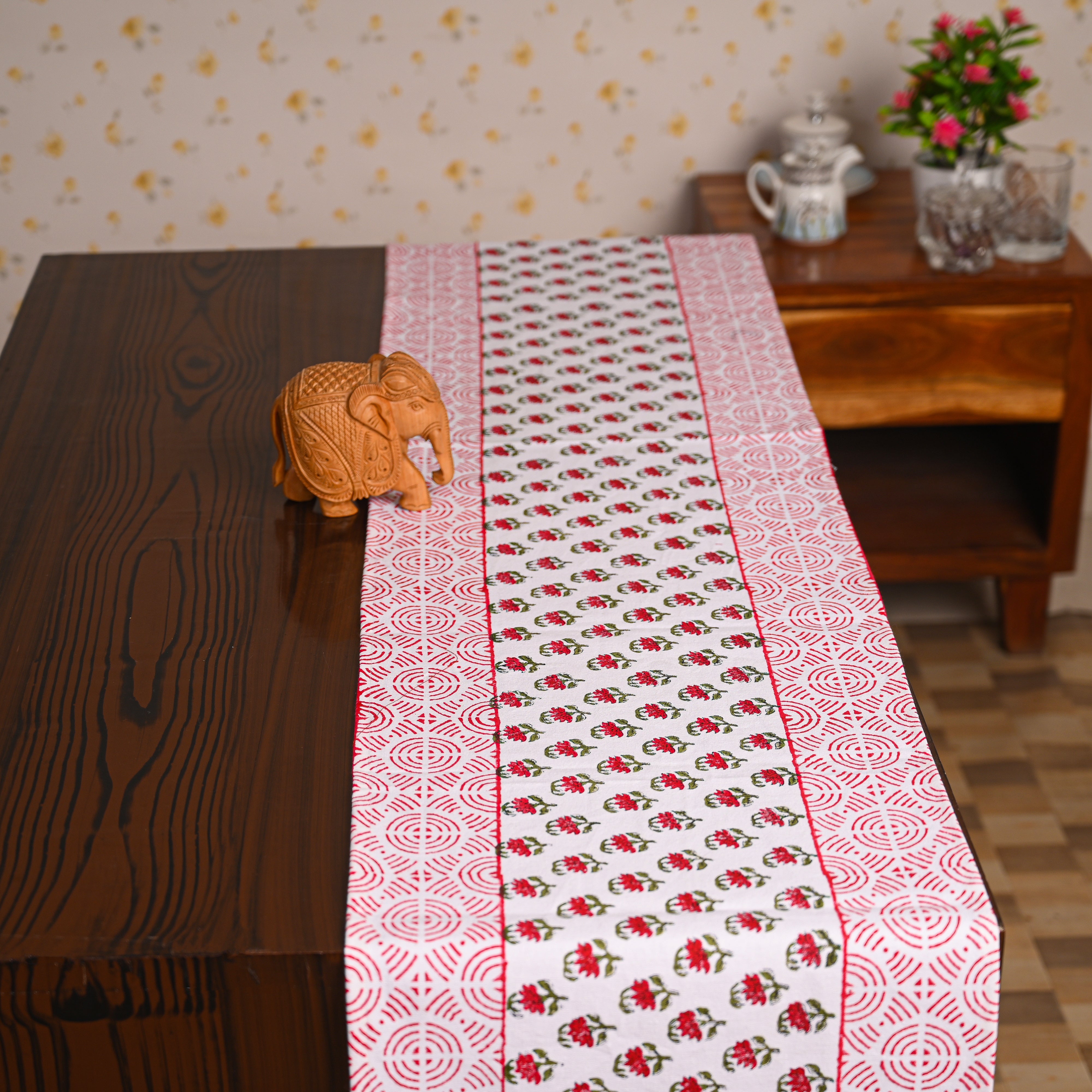 Canvas Table Runner Red Celosia Floral Block Print