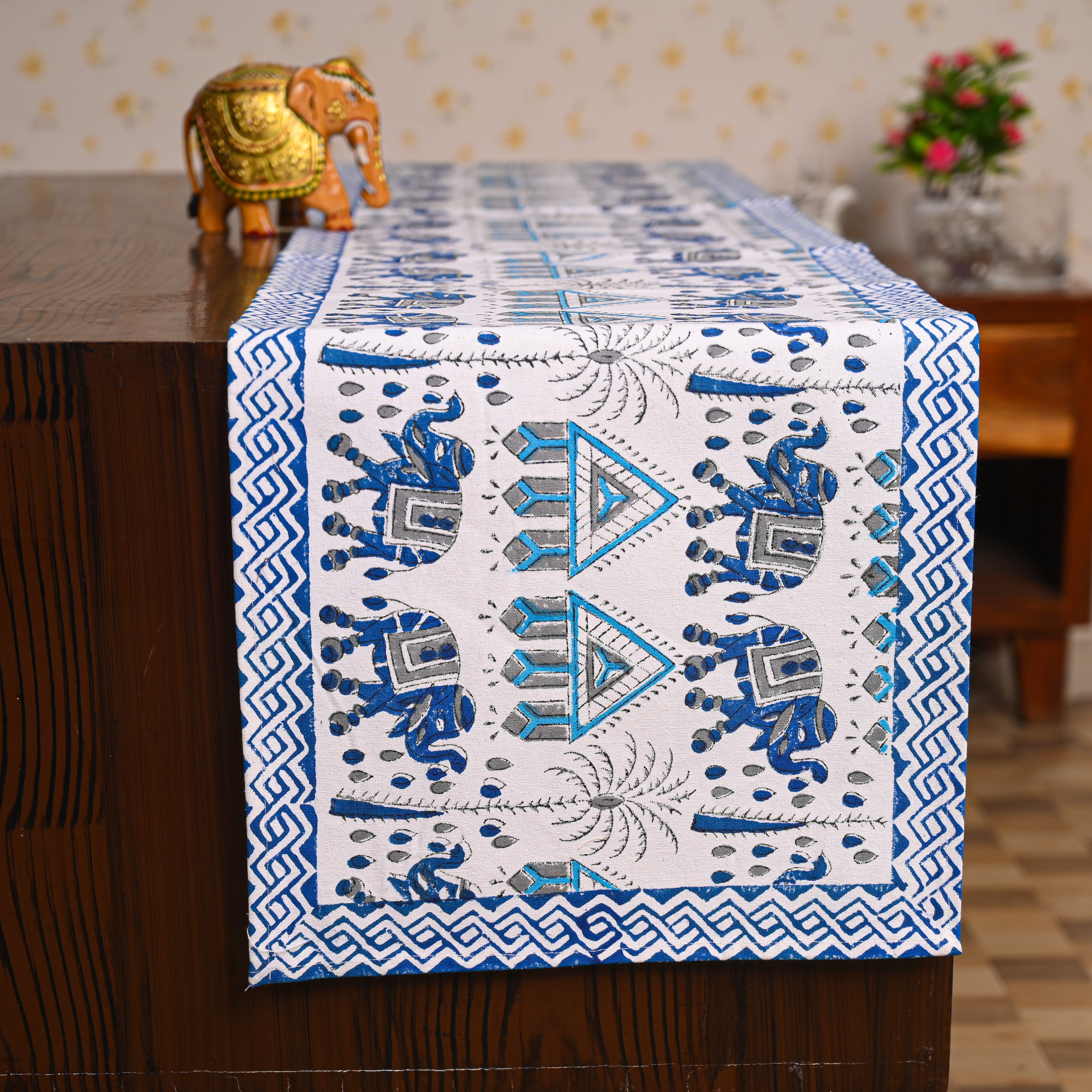 Canvas Table Runner White Blue Elephant Block Print