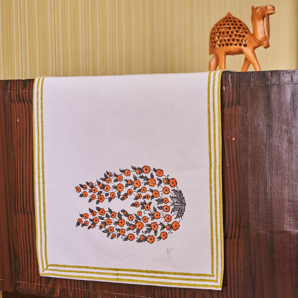 Canvas Table Runner  Orange Grey Floral Boota Block Print