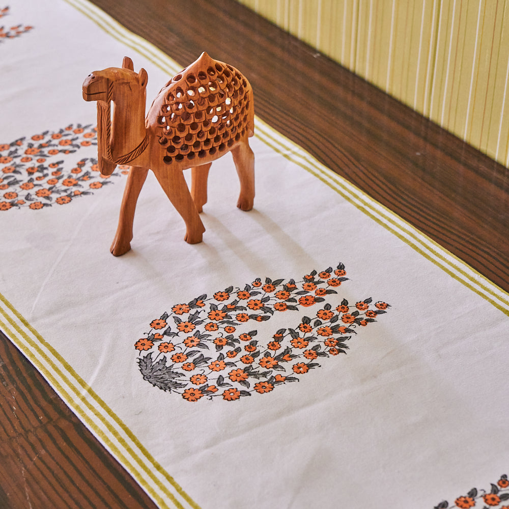 Canvas Table Runner  Orange Grey Floral Boota Block Print