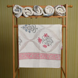 Cotton Waffle White Pink Floral Mughal Jaal Blockprint Bath Towel