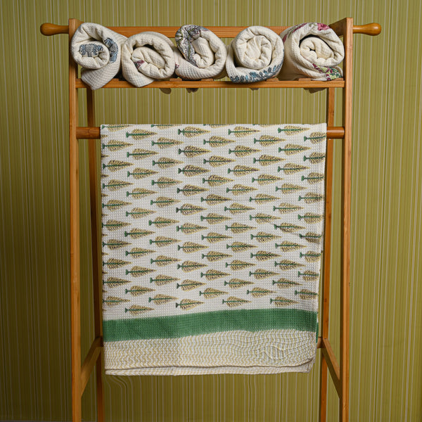 Cotton Waffle White Green Jade Pine Blockprint Bath Towel