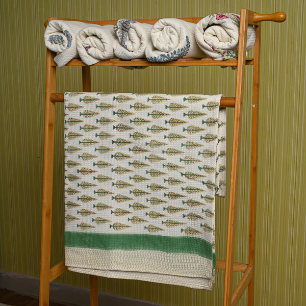 Cotton Waffle White Green Jade Pine Blockprint Bath Towel