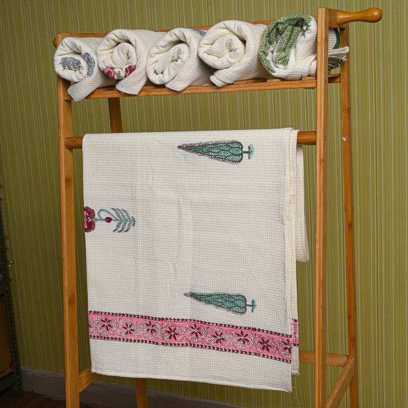 Cotton Waffle Pink Green Orchids Blockprint Bath Towel